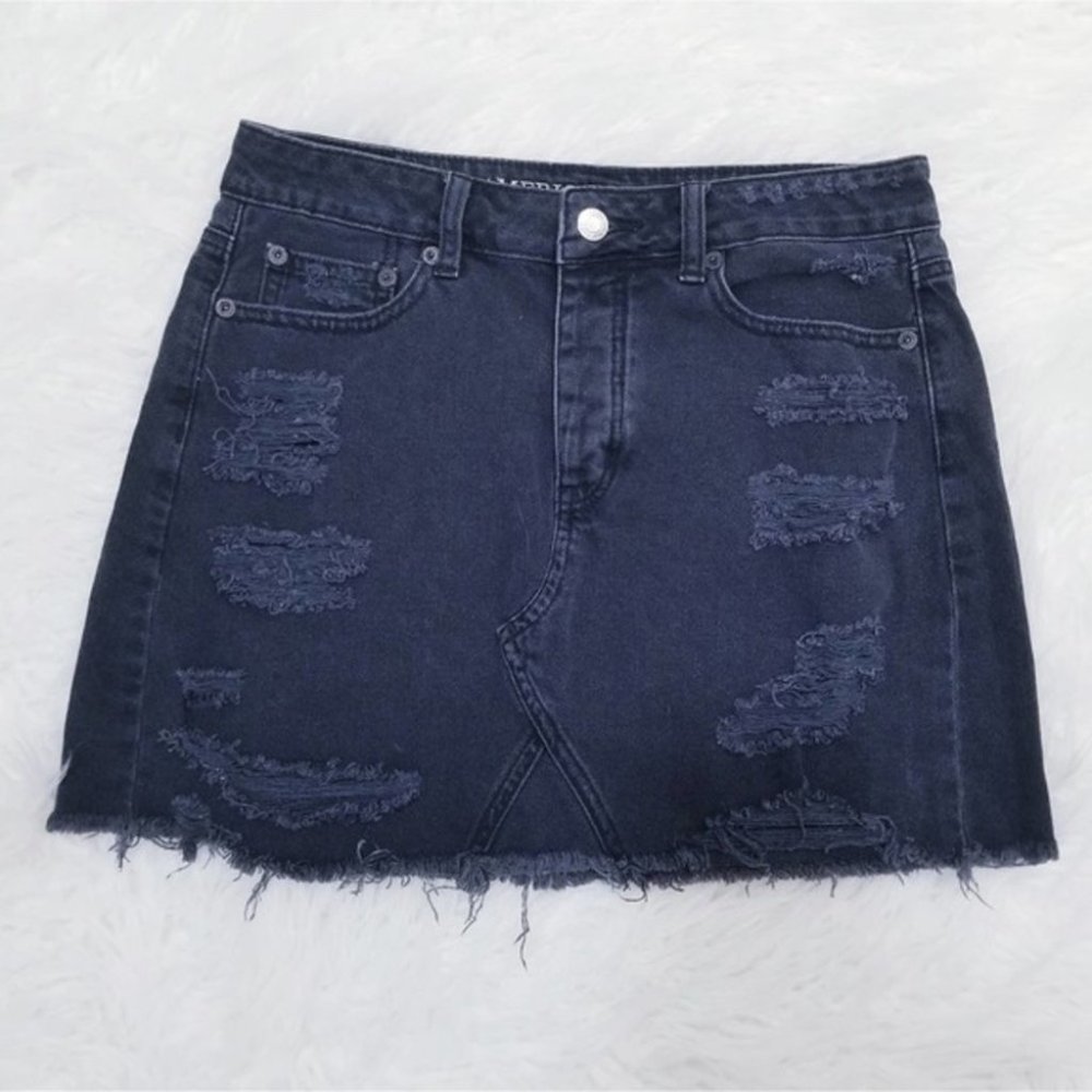 AE Faded Black Cut Off Denim Mini Skirt